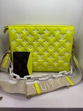 Louis Vuitton Neon Yellow Monogram Crossbody with White Chain + mini wallet
